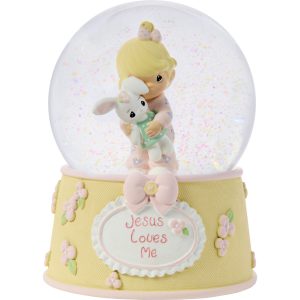 Jesus Loves Me Baby Girl With Bunny Snow Globe