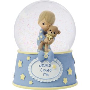 Jesus Loves Me Baby Boy With Bear Baptism Snow Globe